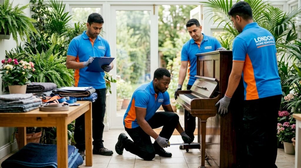 Team measuring upright piano for removal