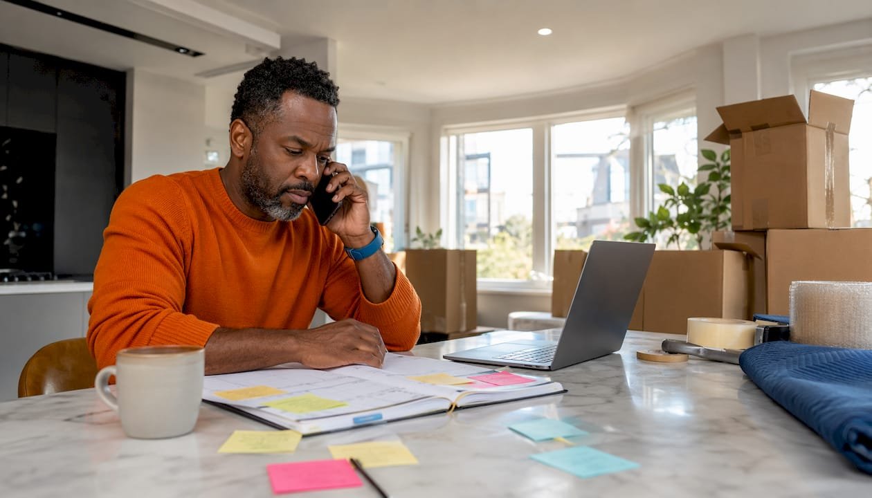 Man coordinating moving day logistics on phone