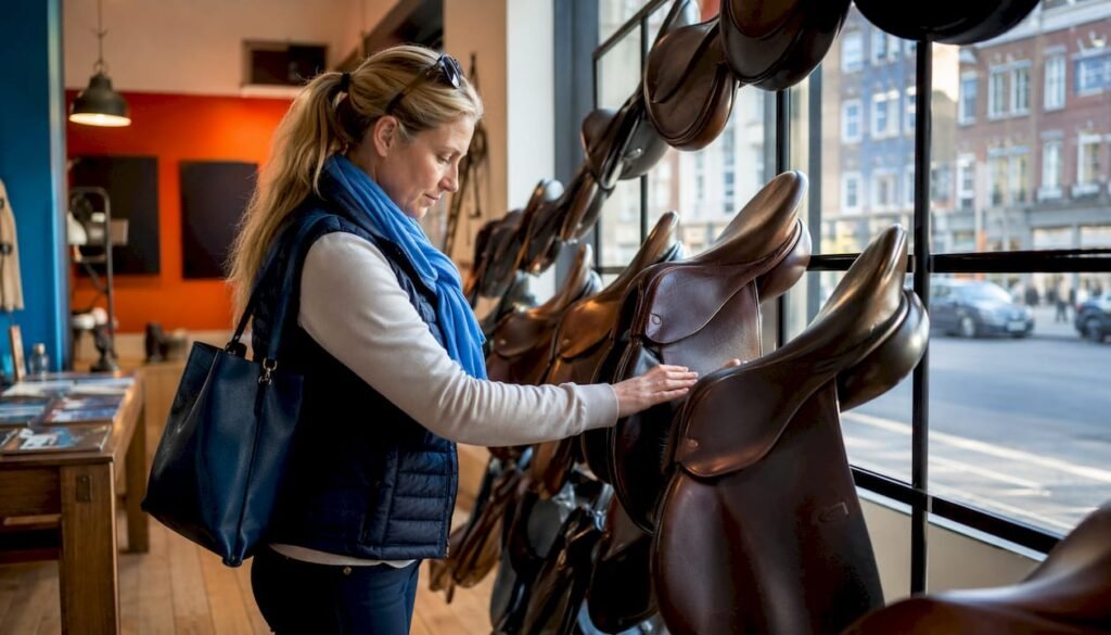 Woman inspecting saddles in UK equestrian shop