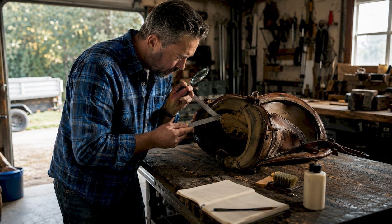 Hands inspecting used saddle on workbench