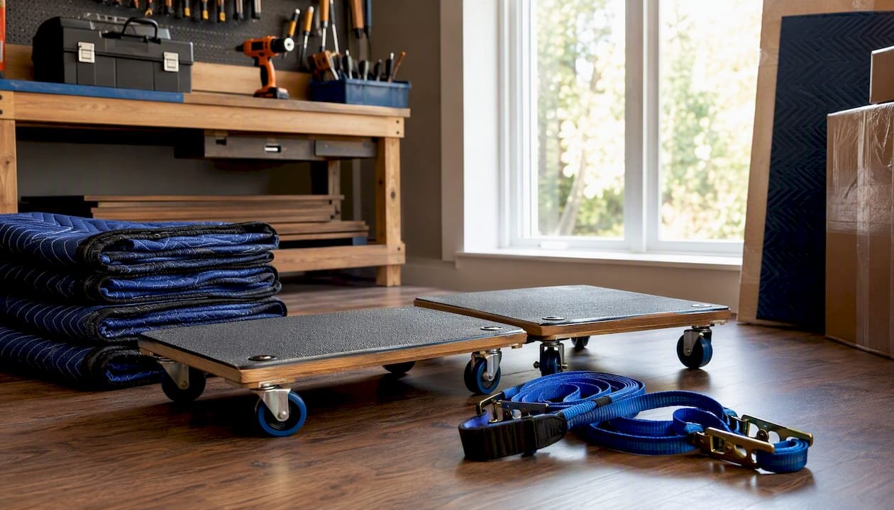 Garage with appliance moving equipment neatly arranged