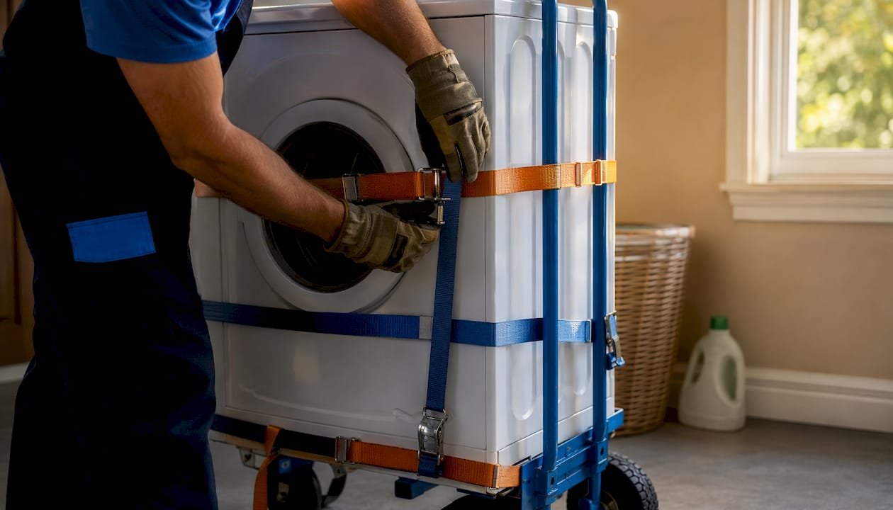 Hands securing washing machine on moving dolly