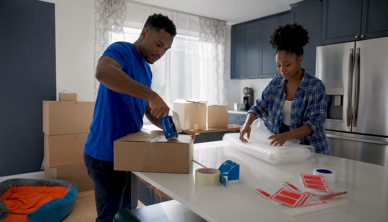 Couple packing belongings for storage at home