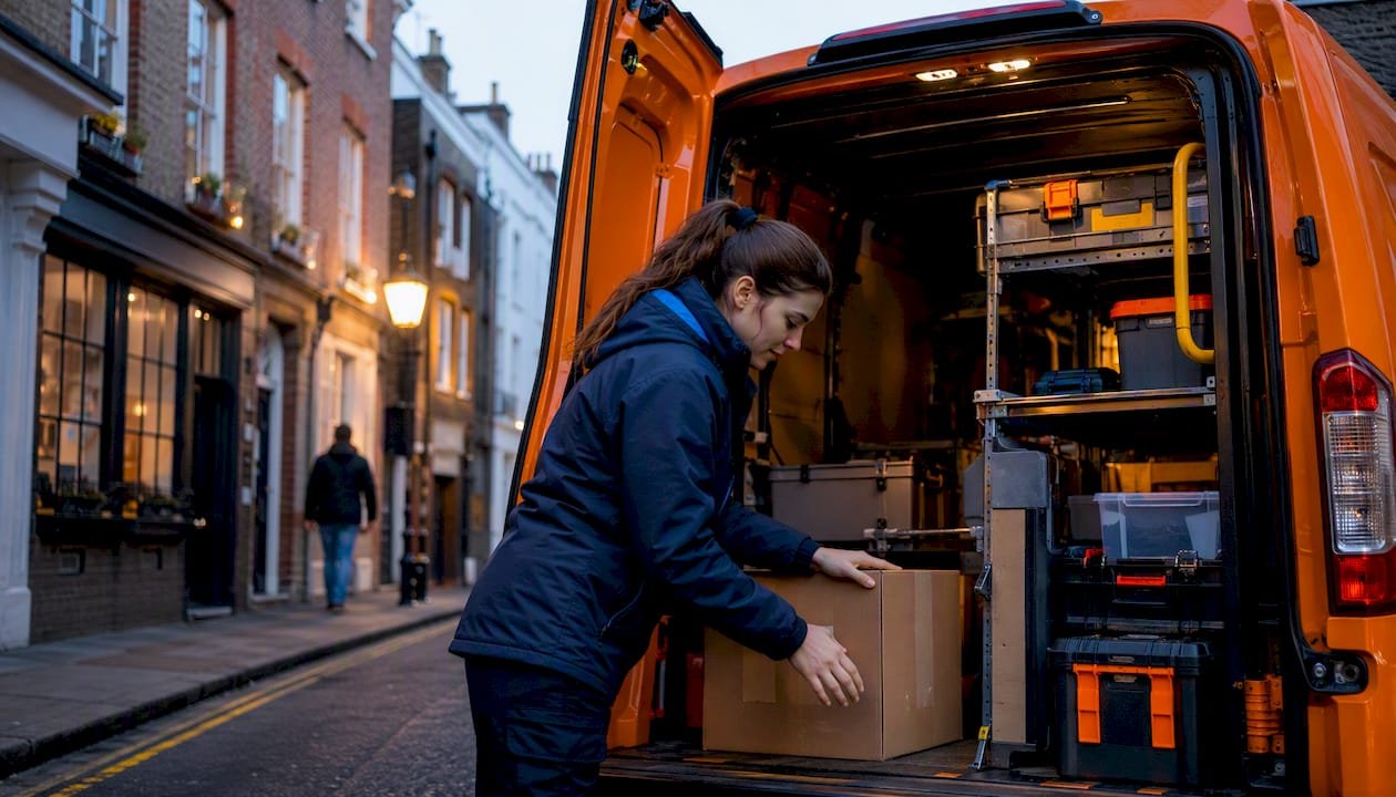 Courier loading tools into SWB van outdoors
