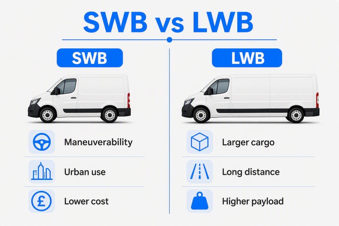 Infographic comparing short and long wheelbase vans