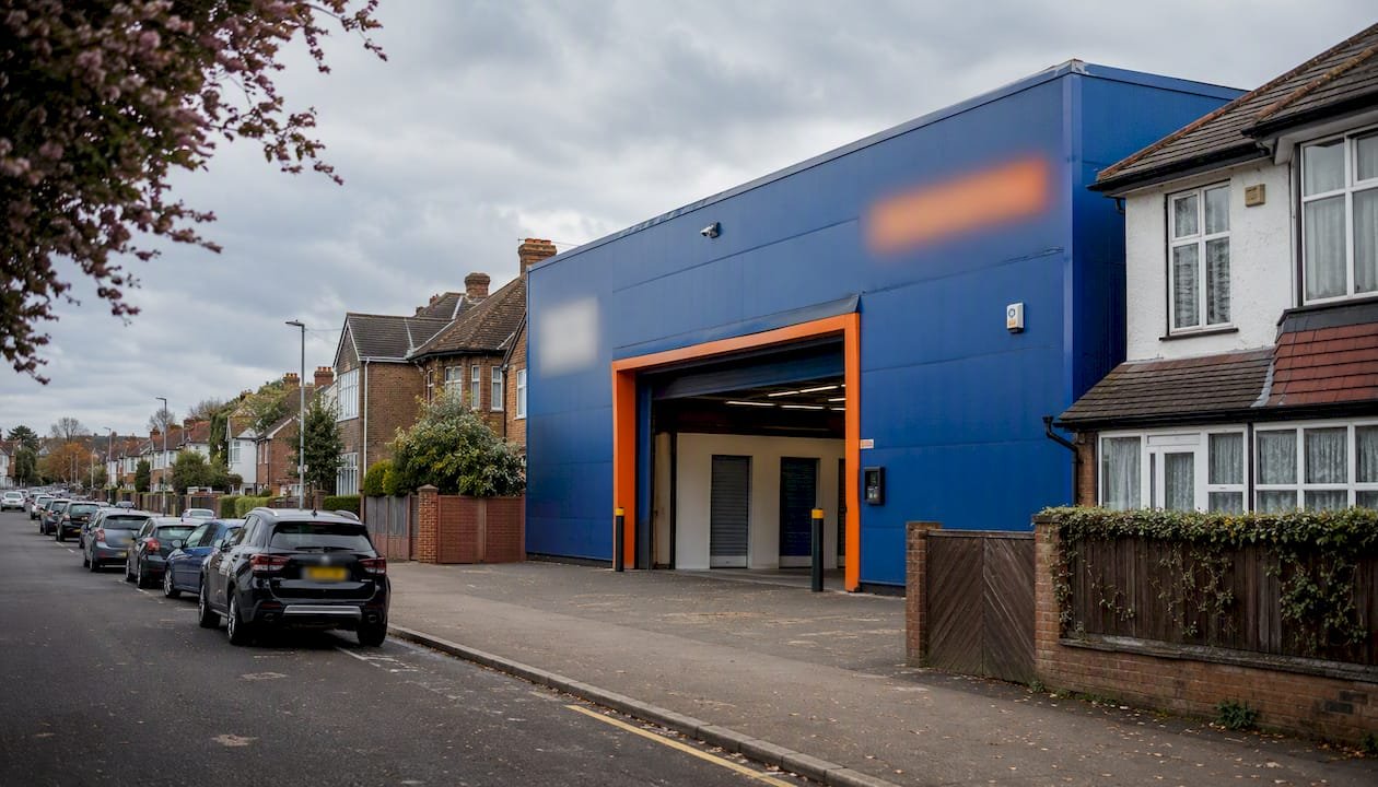 Suburban street with storage facility entrance
