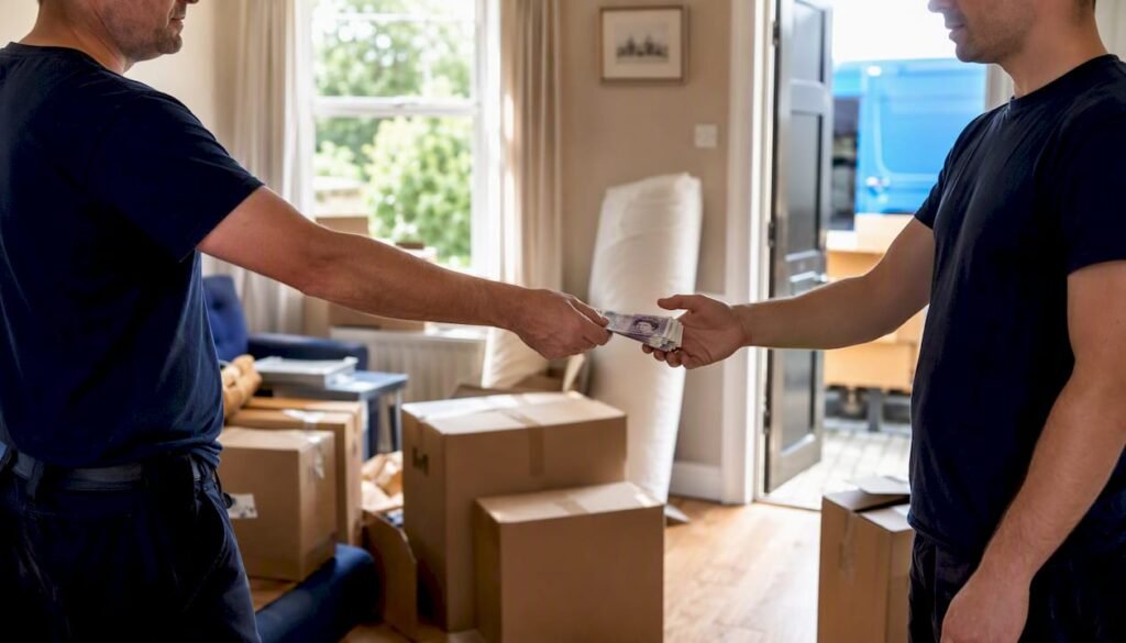 Hands exchanging cash tip indoors