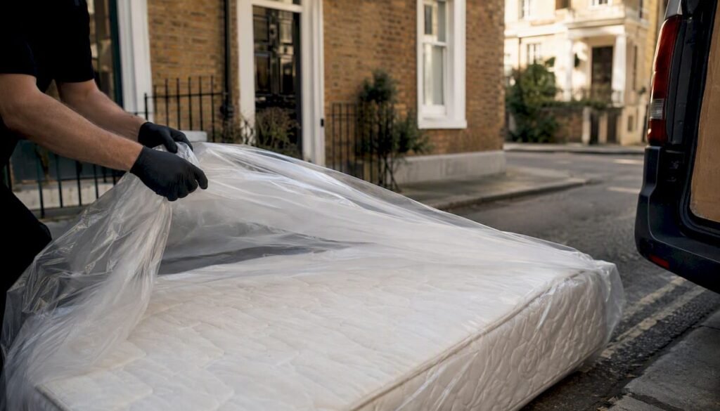 Mattress being wrapped for disposal on London street
