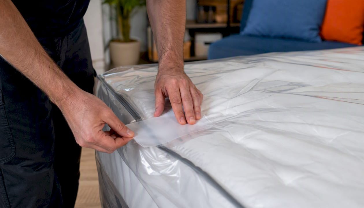 Hands taping fire-safety label on wrapped mattress