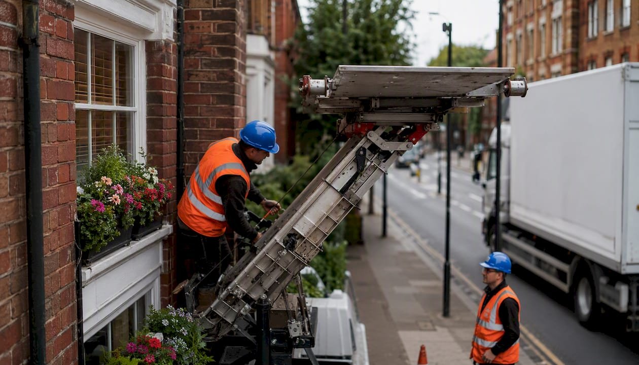 Movers setting up outdoor hoist for flat move