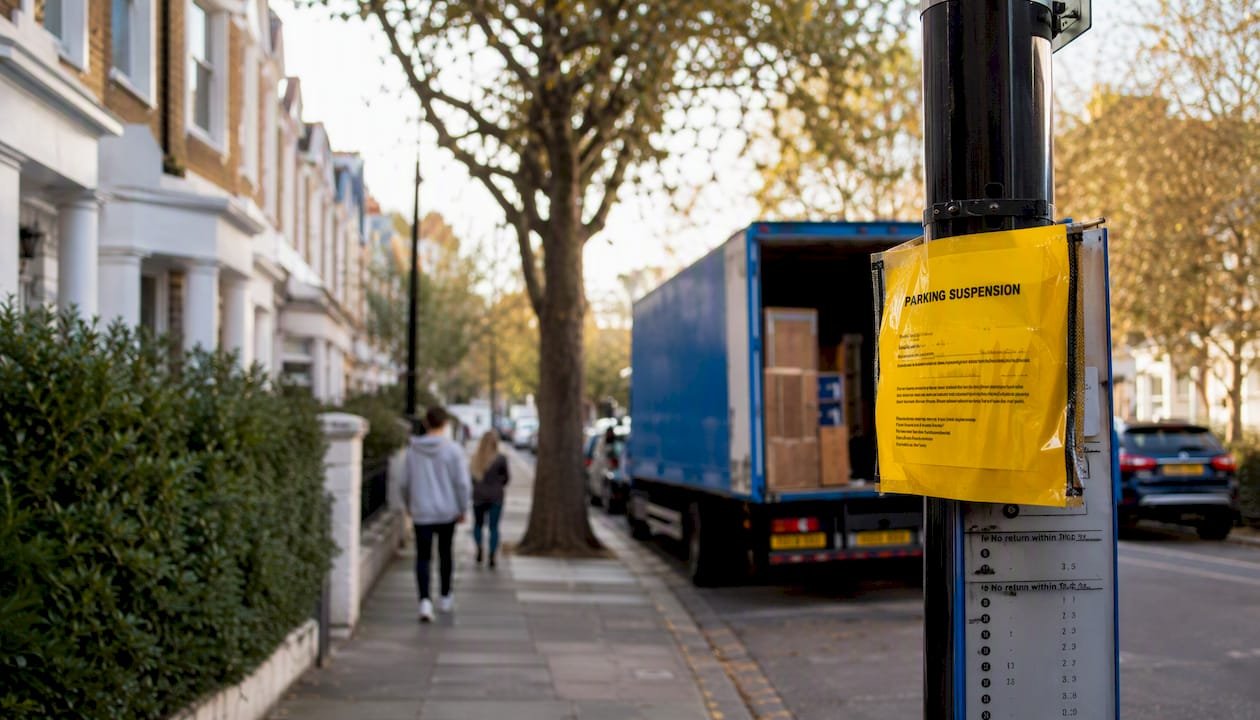 Yellow parking suspension street notice on lamppost