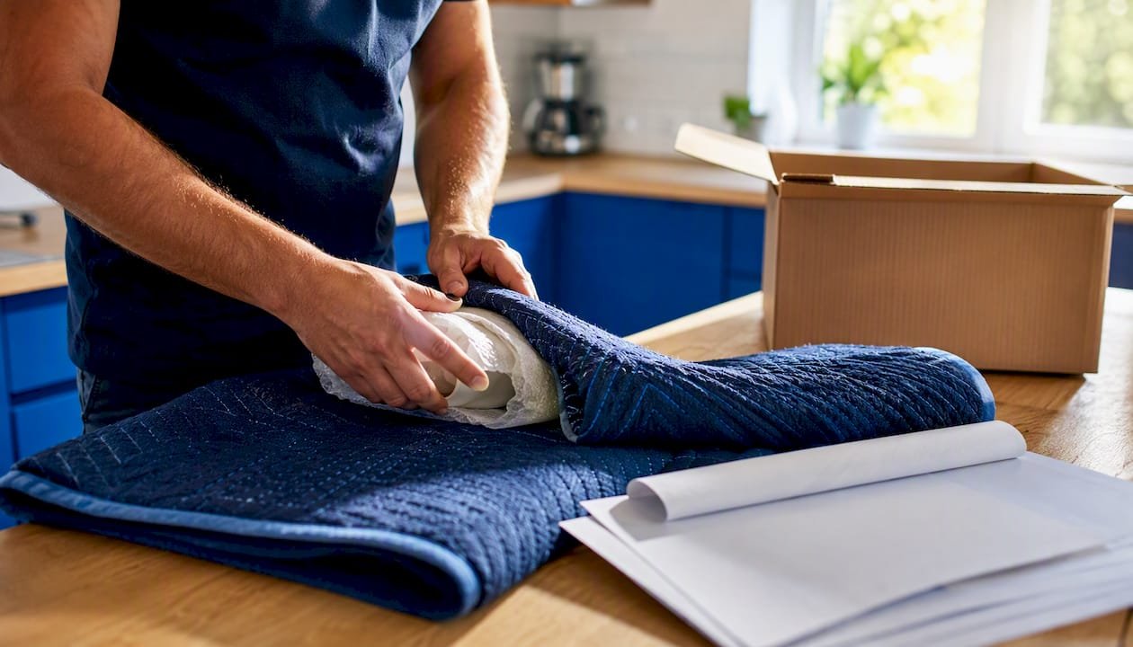 Hands covering furniture with blanket near insurance papers