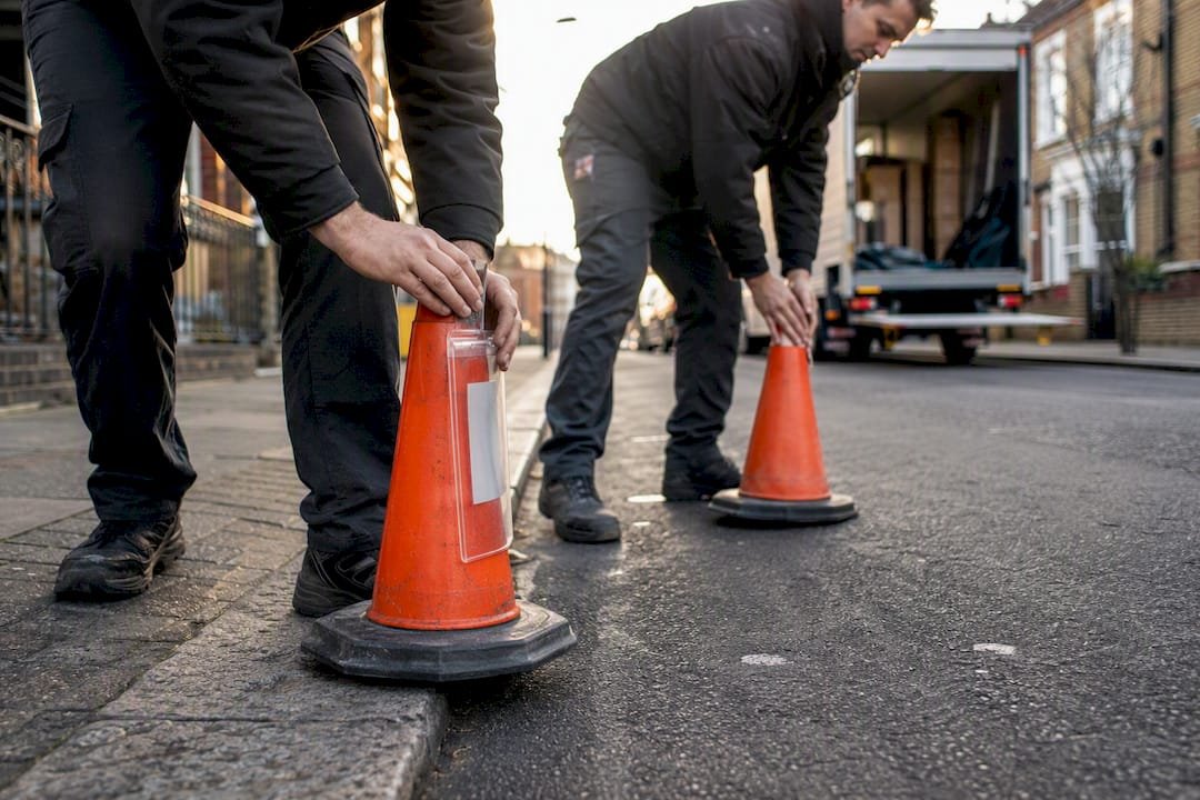 Movers setting parking suspension cones on London street