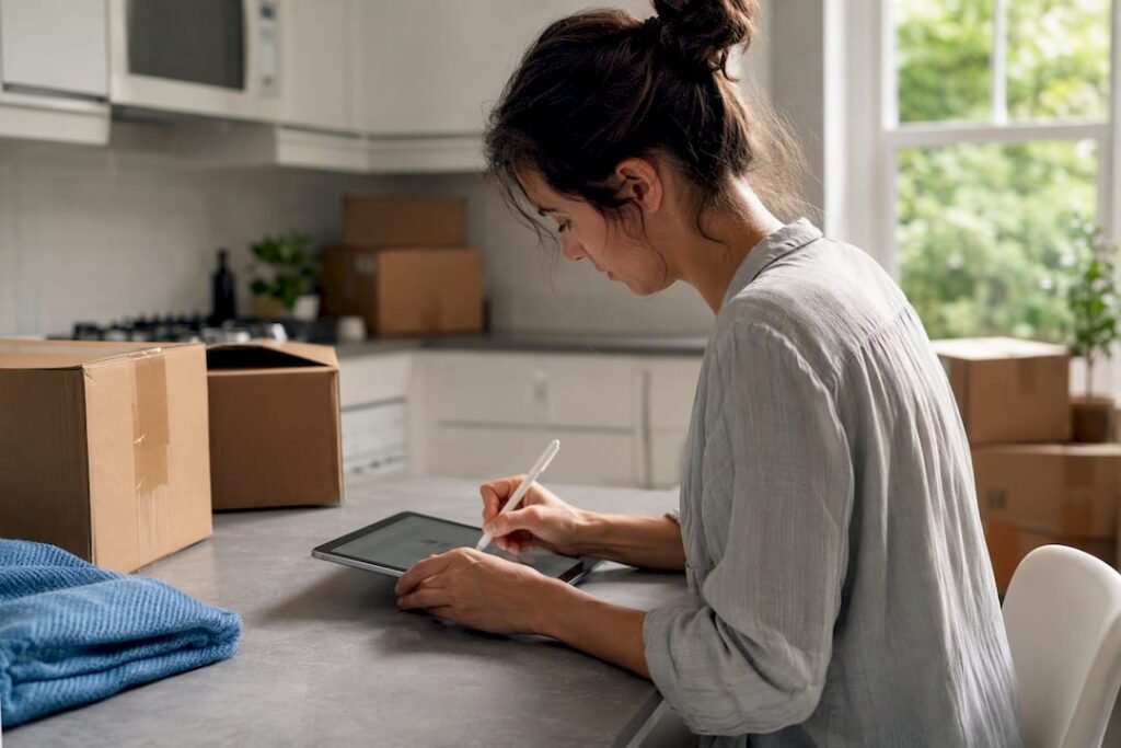 Person filling moving notification form