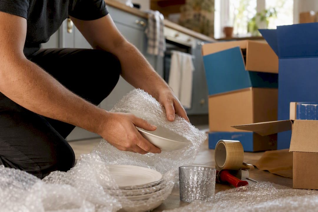 Packer wrapping fragile kitchen items