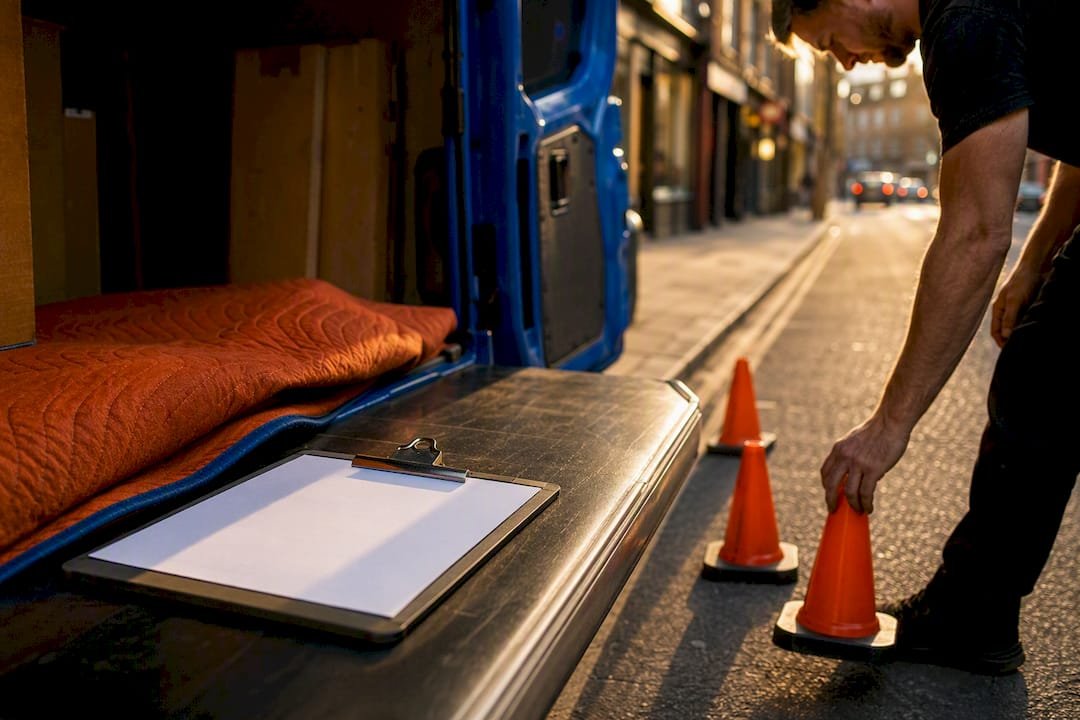 Waste transfer note clipboard and cones by van